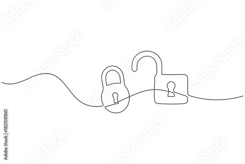 One continuous line drawing of two padlocks, a locked and an unlocked concept illustration