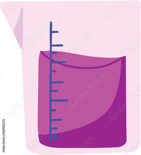 A flat vector illustration of a laboratory beaker filled with purple liquid and measurement markings.