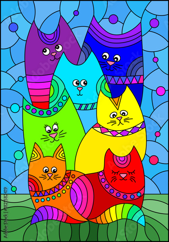 An illustration in the style of a stained glass window with bright cats on the background of the night sky with the moon and stars