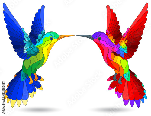 A set of stained glass illustrations with hummingbird birds, isolated on a white background