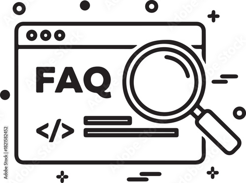 Magnifying glass searching for frequently asked questions faq on a web browser interface, representing online support and information retrieval
