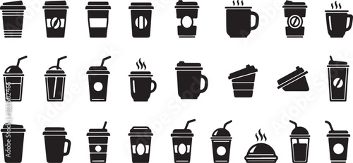 Variety of coffee and beverage cup icons, featuring hot and cold drink containers in silhouette style