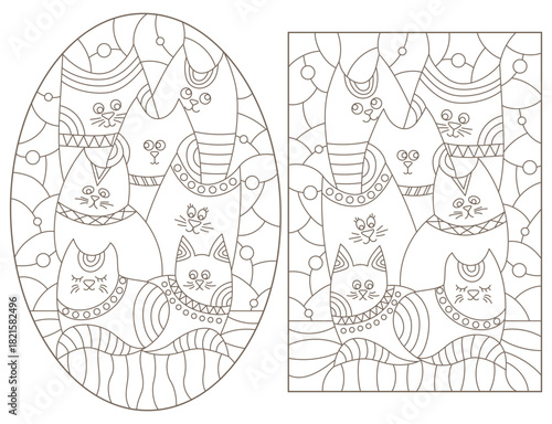 A set of contour illustrations in the style of stained glass with abstract cats, dark contours on a white background