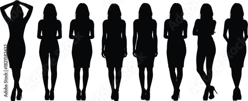 Female silhouette poses in dress and heels, fashion model standing gestures, body language reference for character design and illustration