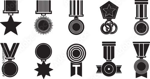 Collection of various military medals and awards in black silhouette, representing honor, achievement, and service