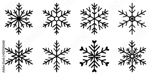 Vector art of collection of snowflake icons icon on. Vector line icon. Vector illustration of snowflakes icon set on transparent background. Collection of different form snowflakes vector icon.