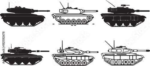 Collection of various military tank illustrations, including silhouettes, outlines, and detailed line art, showcasing different armored vehicle designs