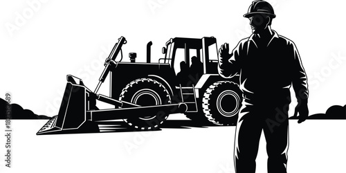 Construction site with bulldozer and worker in hard hat giving instructions, industrial machinery operation, black and white vector illustration