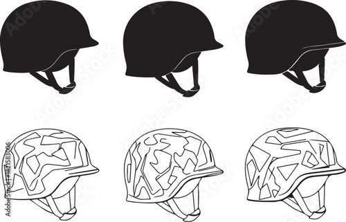 Black equestrian helmets and outline military helmets with camouflage, depicting head protection