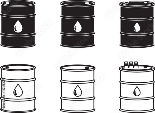 Illustrative set of industrial oil barrels, shown in both solid black and outline white, with some containing a single oil drop symbol