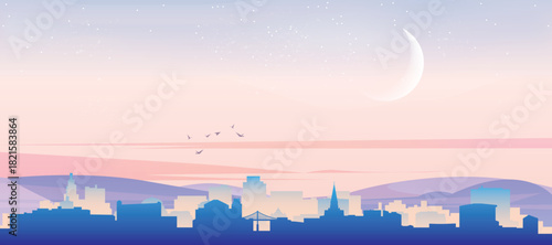 Panoramic poster of the city skyline with misty background buildings, hills sunrise, sunset and clouds of SAN FRANCISCO, UNITED STATES