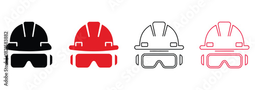 Essential construction safety icons offering a clean, modern look for your project needs, featuring protective helmets and eyewear in bold black and red color palettes