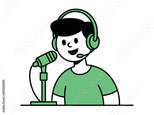 A person wearing a headset speaks into a microphone, indicating a podcast or broadcast is in progress.