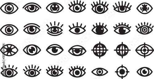 Collection of various eye icons and symbols, representing sight, vision, observation, and perception