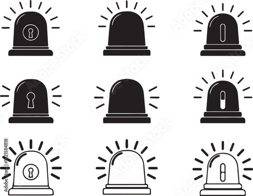 Set of black and white siren icons with radiating light, symbolizing emergency, warning, security