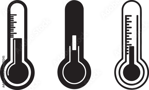 Three black and white thermometer icons showing different temperature levels