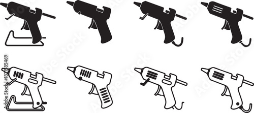 Hot glue gun icons and silhouettes set, featuring various designs for crafting, diy projects, and repair work