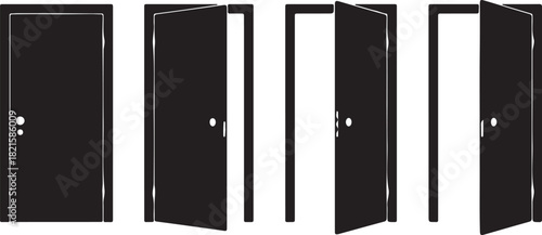 Door opening sequence in black silhouette, illustrating stages from closed to wide open