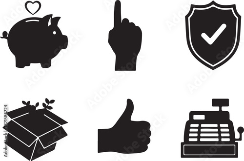 A collection of black silhouette icons representing finance, security, delivery, approval, and commerce