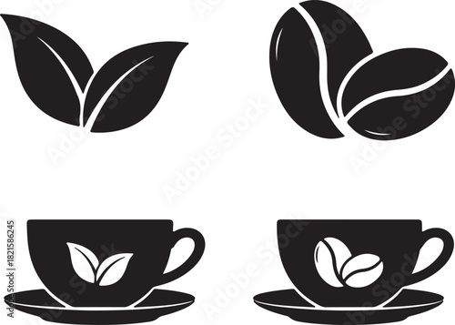 Black silhouette icons of tea leaves, coffee beans, and cups, symbolizing hot drinks and their ingredients
