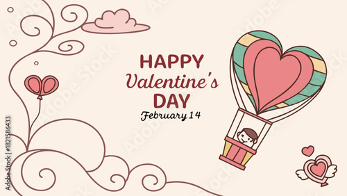 Valentine's day illustration featuring a heart shaped balloon and decorative floral elements design art