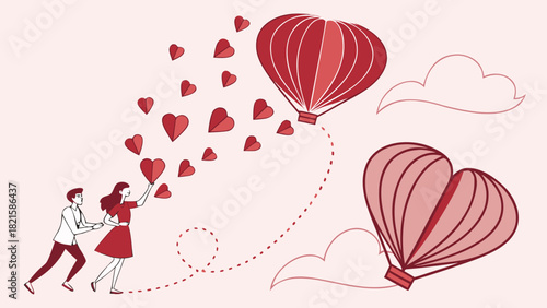 Couple reaching for heart balloons with clouds and dotted lines on a light pink background design