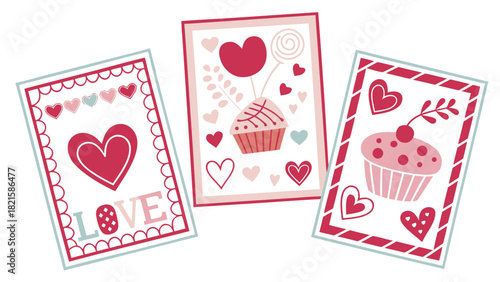 Three valentine's day cards featuring hearts cupcakes and love in a decorative arrangement design