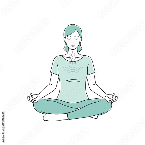 Serene woman meditating in a lotus pose, illustrating the practice of mindfulness and deep breathing for stress reduction, mental clarity, and inner peace