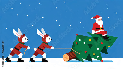 Illustration Of Two Rabbits Pulling A Christmas Tree Vector Design Template