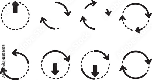 Various black arrow icons representing rotation, direction, refresh, and circular motion, some within dashed circles