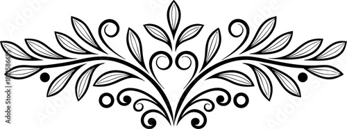Elegant symmetrical flourish with stylized leaves and swirling scroll elements, a classic vintage ornamental divider in black and white for decorative design