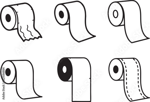 Set of six black and white line art illustrations featuring various rolls of toilet paper, essential for personal hygiene