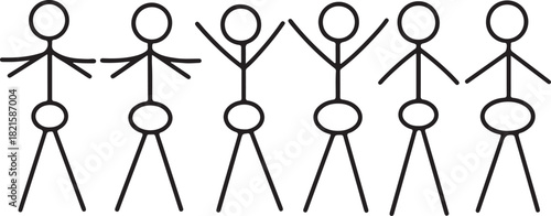 Six simple stick figures in a row with varying arm positions, representing people or concepts