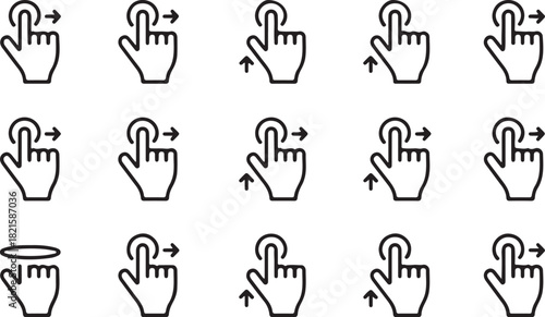 Touchscreen hand gesture icons illustrating user interactions tap, swipe, pinch, scroll, drag