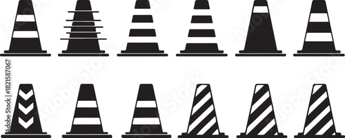 Black and white traffic cones with diverse stripe and chevron patterns, essential for road safety and construction