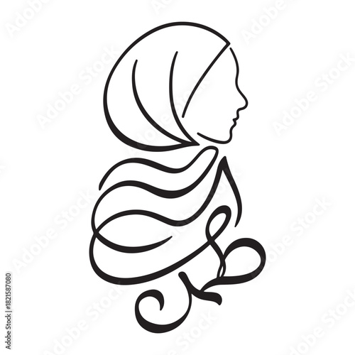 Minimalist Hijab Woman Line Art with Arabic Calligraphy