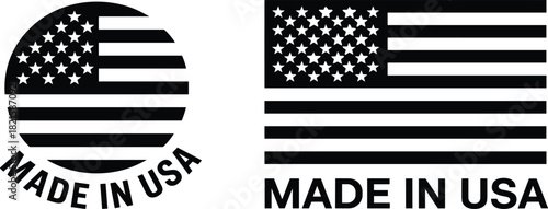 Made in USA label vector, American flag badge icons, patriotic product stamp, circular and rectangular emblem design