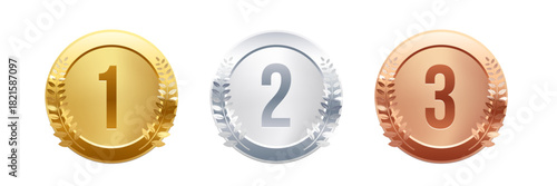 Gold, silver, bronze medals with laurel wreaths and numbers 1, 2, 3. Award icons for first, second, and third place. Winner podium symbols. Realistic vector illustration