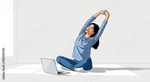 Woman Stretching with Laptop in Light Room Digital Wellness and Work-Life Balance