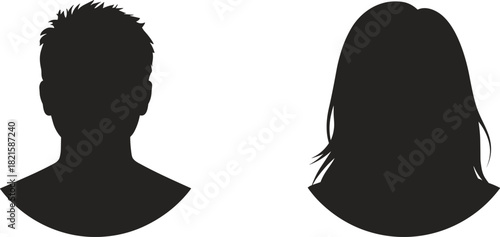 Male and female head silhouette vector, generic profile icons, faceless avatar clipart, black human figure design
