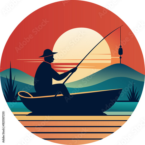 Silhouette of a lone fisherman in a small boat casting a line on calm waters against a vibrant retro sunset over serene mountains and a peaceful horizon.