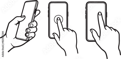Hand holding smartphone, tapping and swiping on screen, illustrating mobile device interaction and user interface gestures