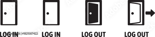 Login and logout door icons set for user interface design, web and mobile applications, black and white symbols