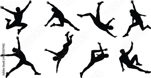 Human motion silhouette set, dynamic mid-air poses, dance jump vector, expressive black figure, athletic movement, energy, illustration, graphic