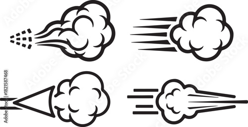 Abstract black and white icons showing speed, wind, or smoke effects with dynamic motion lines and cloud shapes, white
