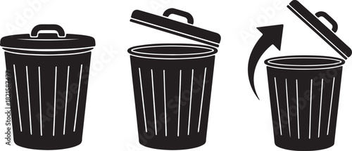 Set of three black trash can icons illustrating closed, open, and opening states, representing waste, delete, and recycling concepts