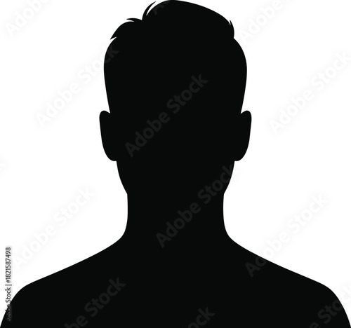 Male head and shoulders silhouette vector, black avatar icon, generic profile placeholder, human figure clipart design