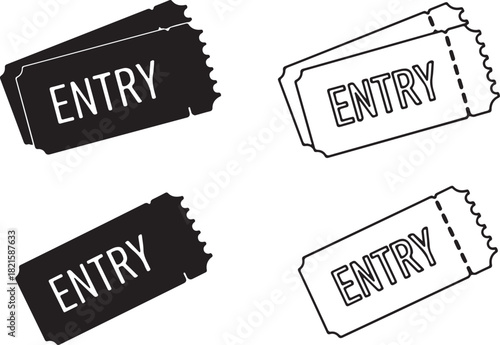 Black and white entry tickets, solid and outlined designs with entry text for events