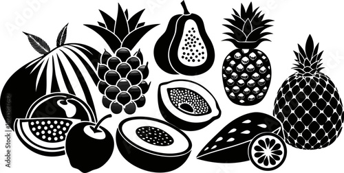 Monochrome vector silhouette illustration of a diverse collection of fresh and tropical fruits, including pineapple, papaya, watermelon, apple, coconut, grapes.