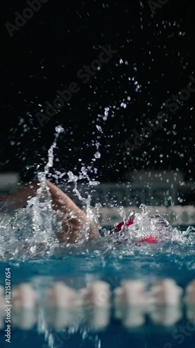 Focused swimmer in red cap practicing freestyle stroke in indoor pool, cutting through blue water with powerful arm movement and splashing droplets at night